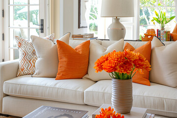 Elegant and Inviting Living Room with Neutral-Toned Sofa, Vibrant Orange Flowers, and Modern Playful Decor Pieces