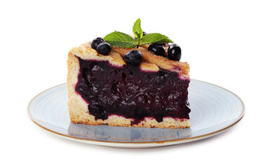 Slice of delicious homemade blueberry pie with mint isolated on white