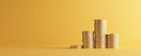 Stacks of gold coins on a yellow background