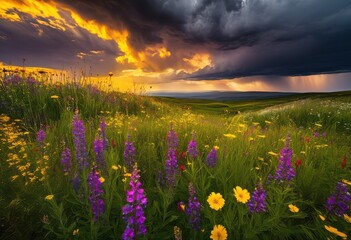 Naklejka premium vibrant fields beneath dramatic cloudy sky rich textures lush greenery stunning natural scenery, agriculture, landscape, nature, outdoor, plants, serene