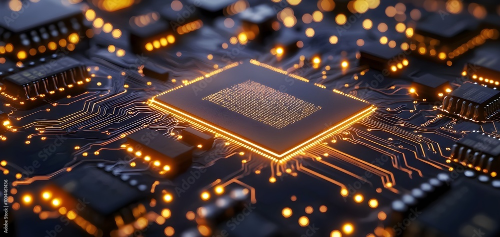 Poster glowing circuit board with intricate pathways and microchips, orange and yellow lights illuminating 