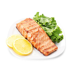 Delicious grilled salmon fillet with lemon slices and lettuce isolated on white