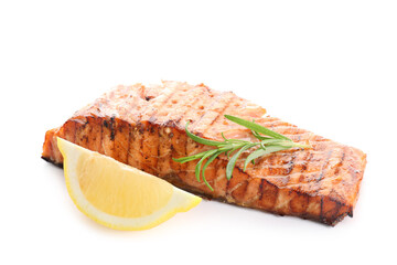 Delicious grilled salmon fillet with lemon and rosemary isolated on white