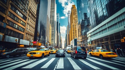 Cinematic wide angle perspective showcasing the captivating energy and visual impact of a modern densely populated city street lined with towering skyscrapers bustling traffic and a vibrant