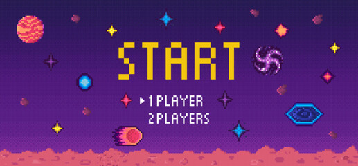 Retro start screen for a video game with pixel art style showcasing space elements like stars, planets, and galaxies, with options for 1 or 2 players. Ideal for gaming, space, 1980s nostalgia, retro © robu_s