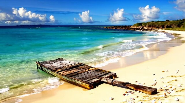 "Plage paradisiaque avec radeau en bois abandonn&eacute;"

