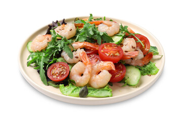 Delicious shrimp salad with vegetables isolated on white
