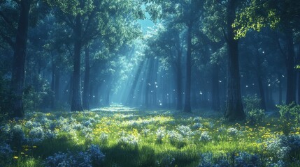Obraz premium Experience the enchanting beauty of a majestic forest at twilight, featuring towering trees and soft beams of light filtering through the vibrant greenery.