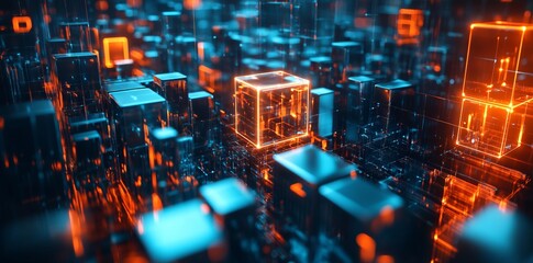 Futuristic Geometric Landscape with Orange and Blue Cubes, AI generated illustration