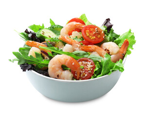 Delicious shrimp salad with vegetables isolated on white