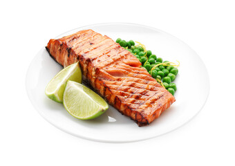 Delicious grilled salmon fillet with green peas and lime isolated on white