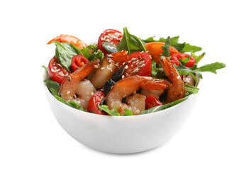 Delicious shrimp salad with vegetables in bowl isolated on white