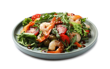 Delicious shrimp salad with vegetables isolated on white