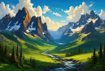 breathtaking aerial view majestic mountain ridge dramatic peaks lush valleys under clear blue sky, scenic, landscape, nature, terrain, summit, wilderness