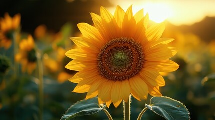 Obraz premium This stunning image showcases a vibrant sunflower with intricate yellow petals illuminated by soft sunset light, capturing the essence of natural beauty.