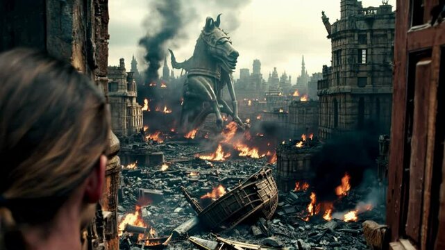 "Vue &agrave; travers les portes : le cheval de Troie et la cit&eacute; en flammes"

