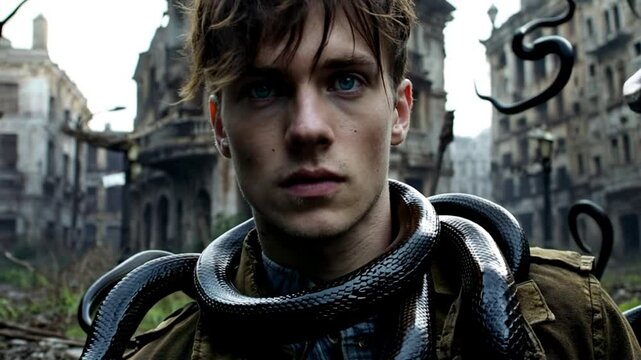 "Jeune homme entour&eacute; de serpents dans une cit&eacute; en ruines"

