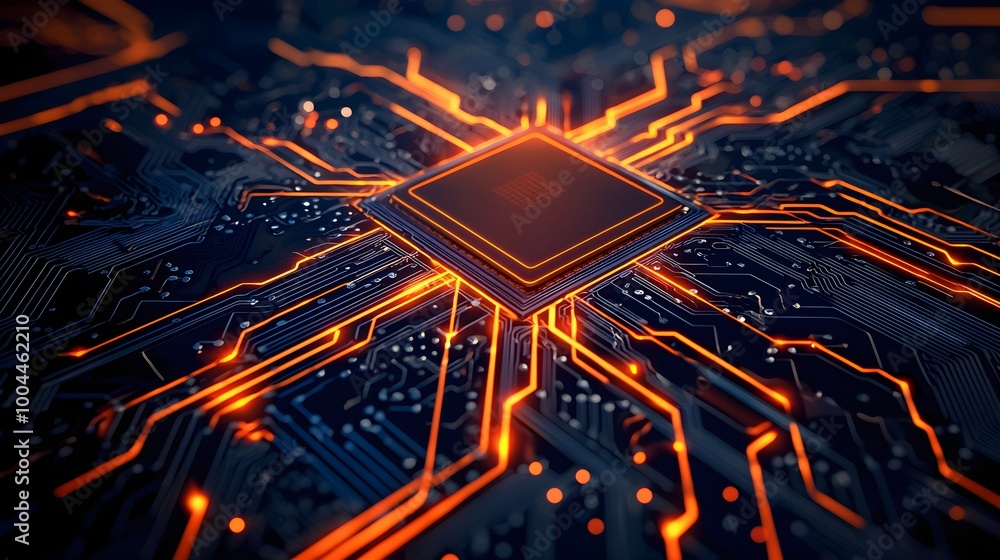 Poster high-detail circuit board with orange glowing pathways and a central microchip, advanced technology 