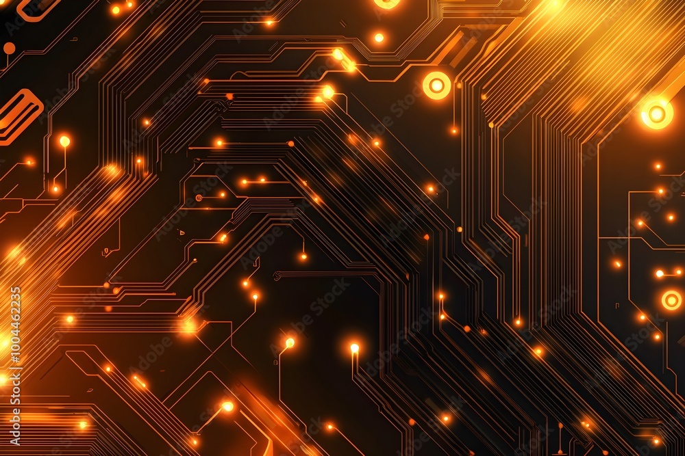 Poster high-tech circuit board with illuminated pathways, glowing orange and yellow lights, advanced microc