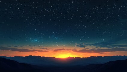 Fototapeta premium panoramic view of the sky at night with stars and some clouds, a sunset in the horizon, mountains on bottom of frame Generative AI