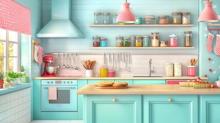 A nostalgic 1980s holiday kitchen, family baking cookies with neon aprons and brightly colored kitchen gadgets, the smell of Christmas filling the air CGI, Sharp Focus, High Resolu