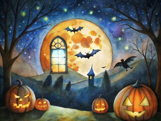 Halloween. Mystical landscape. Bat-shaped window. A witch on a broomstick flies in the sky. Full moon. Sinister pumpkins with glowing eyes gaze intently. Bats fly across the starry sky. Cutout style.