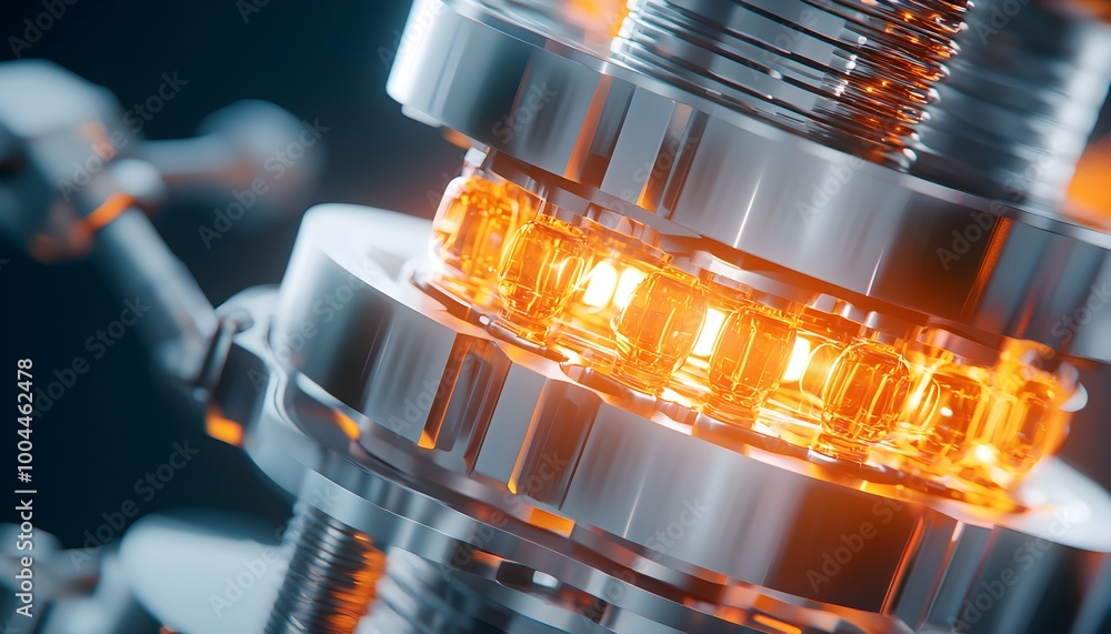 Poster intricate quantum machine with stacked metallic components and glowing connections, futuristic compu