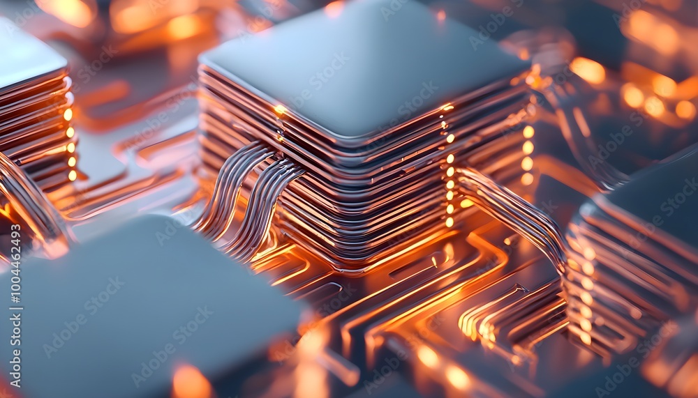 Poster intricate quantum machine with stacked metallic components and glowing connections, futuristic compu