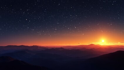 Fototapeta premium A panoramic view of the night sky, stars twinkling above a vast landscape, with distant mountains silhouetted against it and a radiant sun setting in the background Generative AI