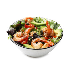 Delicious shrimp salad with vegetables isolated on white