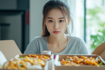 Asian woman with takeaway food and drinks at home. consumption eating home delivery food. enjoying delicious takeaway delivery tasty meal. generative ai