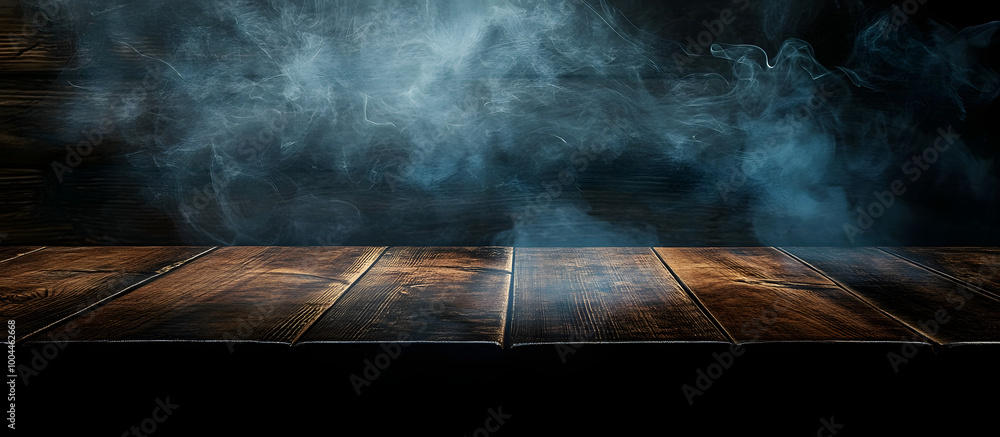 Poster a dark background enhances the visual appeal of an empty wooden table with smoke rising creating an 