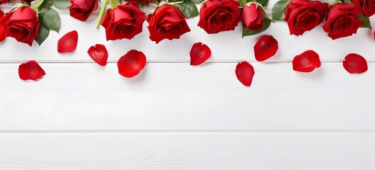 Red Roses and Petals on White Wooden Background for Valentine's Day