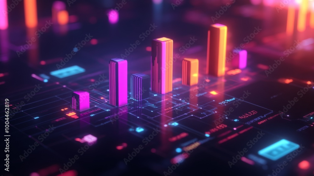 Fototapete a close-up of a 3d bar chart with vibrant colors, floating above a digital grid, showcasing data tre