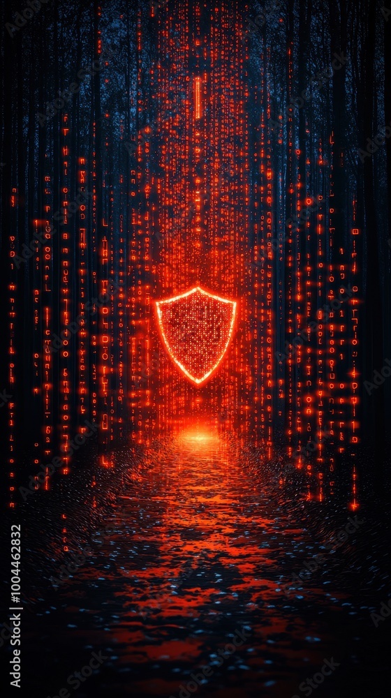 Poster cybersecurity shield in digital environment