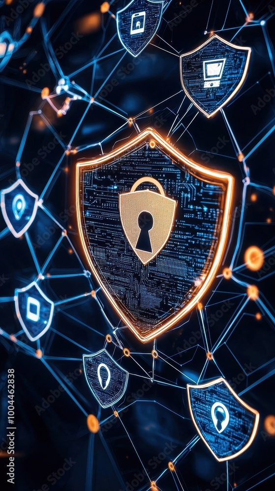 Leinwandbilder cybersecurity shield with digital network graphics