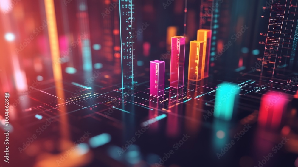 Poster a close-up of a 3d bar chart with vibrant colors, floating above a digital grid, showcasing data tre