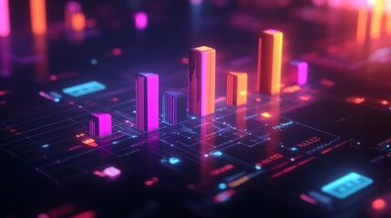 Obraz premium A close-up of a 3D bar chart with vibrant colors, floating above a digital grid, showcasing data trends with numbers and icons appearing next to the bars