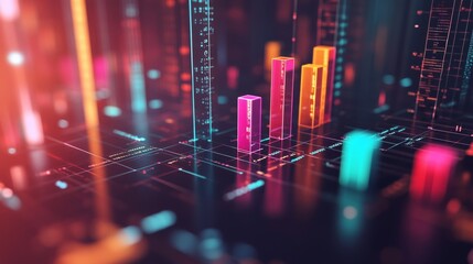 Obraz premium A close-up of a 3D bar chart with vibrant colors, floating above a digital grid, showcasing data trends with numbers and icons appearing next to the bars