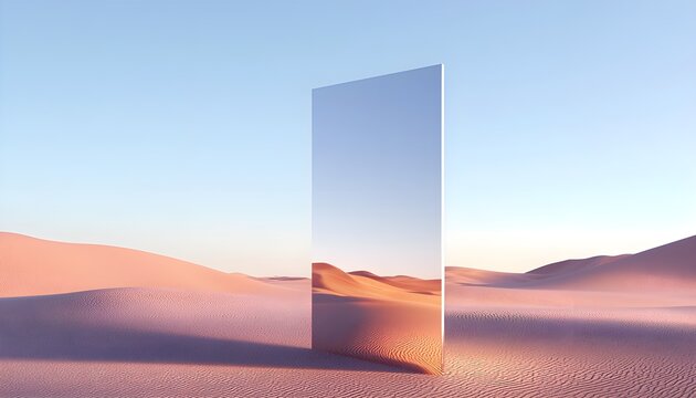 Mirror portal in the desert, reflecting the clear sky and distant dunes, blending the real and the surreal, capturing the essence of mirage and reflection