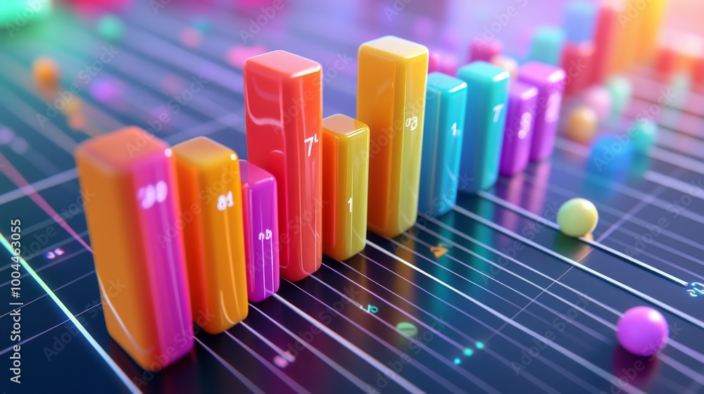 Poster a close-up of a 3d bar chart with vibrant colors, floating above a digital grid, showcasing data tre