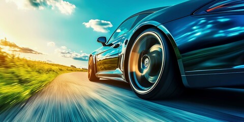 A vehicle captured on a country road under a vibrant sky, surrounded by fields of grass and wildflowers, bright blue and green tones accentuated by motion blur, speed and adventure