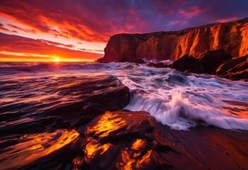 Fototapeta premium vibrant sunset waves crash rugged illuminating coastal landscape majestic colors, beach, coastline, cliffs, clouds, colorful, depth, dramatic, dusk