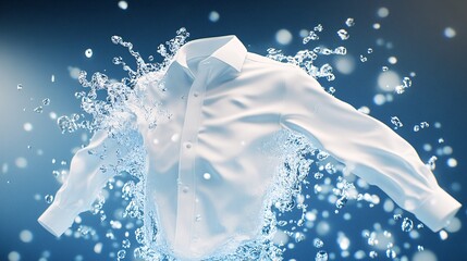 A white shirt being washed in water, the fabric fluttering around as it matches a blue background. 