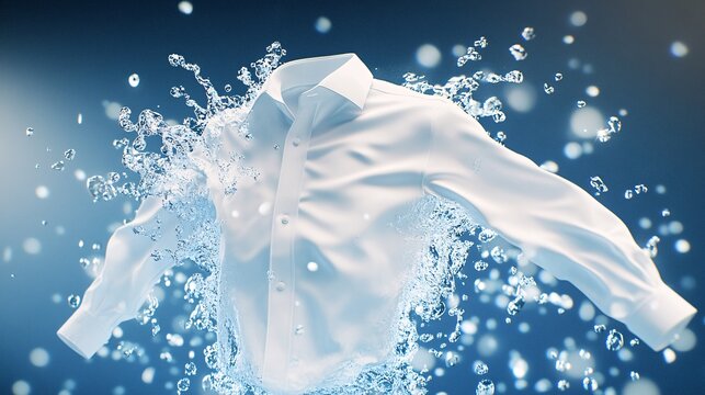 A white shirt being washed in water, the fabric fluttering around as it matches a blue background. 