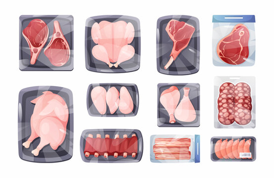 Frozen meat. Vector set of fresh raw meat, poultry product in plastic package with beef steak, sausages, chicken, bacon in polyethylene transparent wrap. Tray pack for grocery market. Meat trays