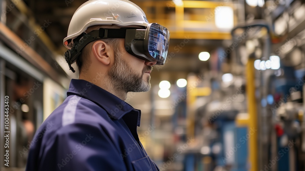 Poster worker using virtual reality headset in a modern factory setting during daylight hours