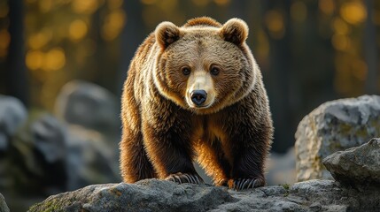 Fototapeta premium A majestic brown bear stands on rocks in a sunlit forest, showcasing its powerful stance and rich fur texture during golden hour