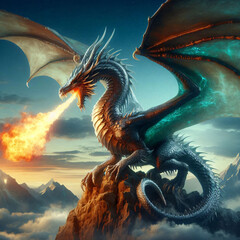 A majestic, fire-breathing dragon perches atop a mountain peak, overlooking a breathtaking landscape