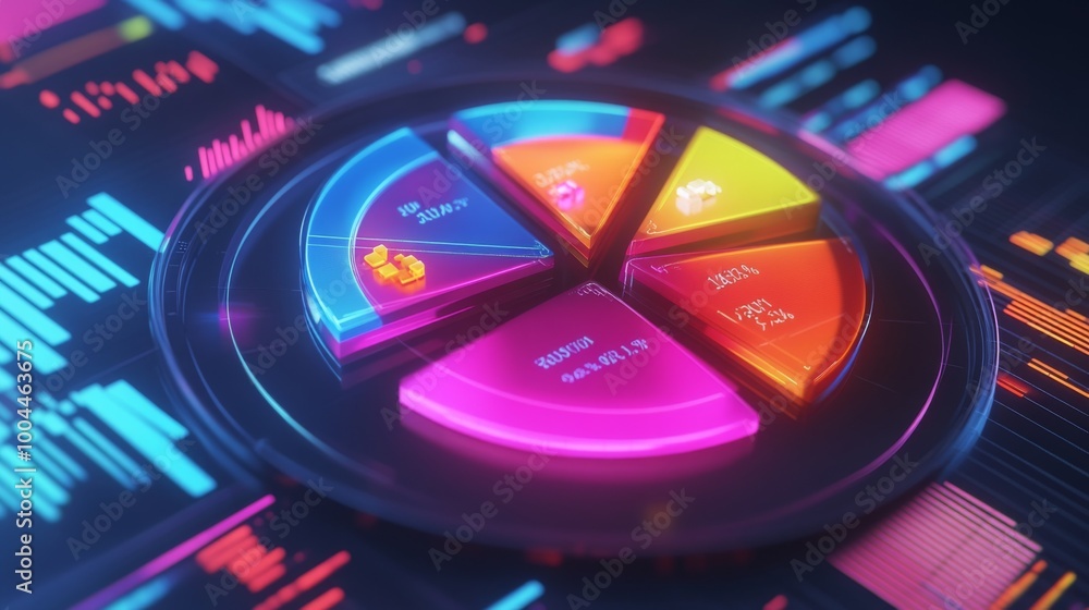 Poster a close-up of a 3d pie chart with neon-colored slices, showing revenue distribution in different sec